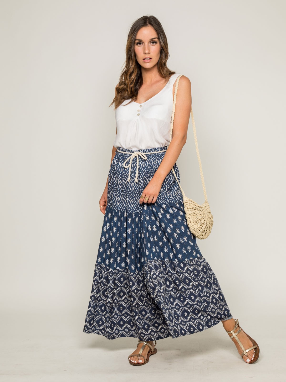 Jupe Longue Imprimée Gujarat - Viscose Élastique - Style Ethnique Indien - Taille Unique Jusqu'à 90cm
