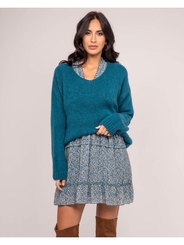 Pull col V KYO - Bleu canard