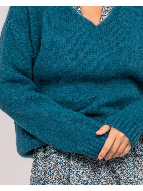 Pull col V KYO - Bleu canard