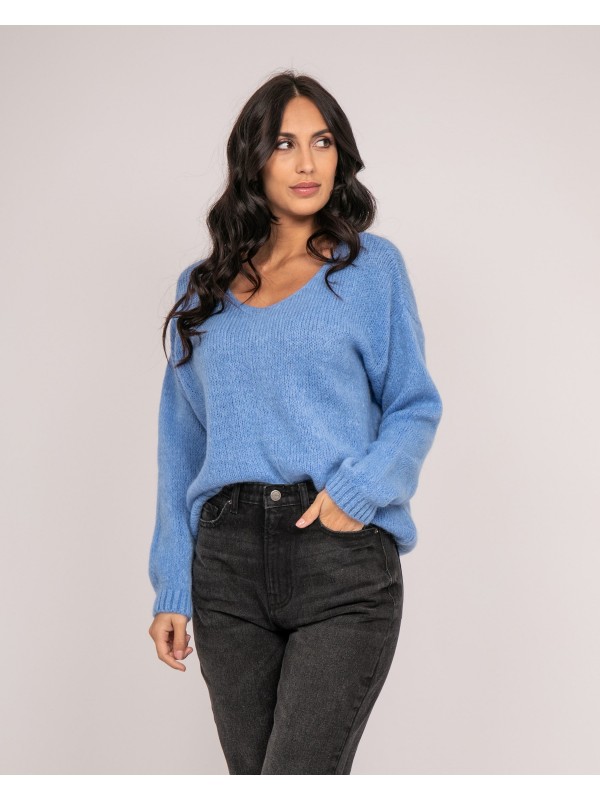 Pull col V KYO - Bleu ciel