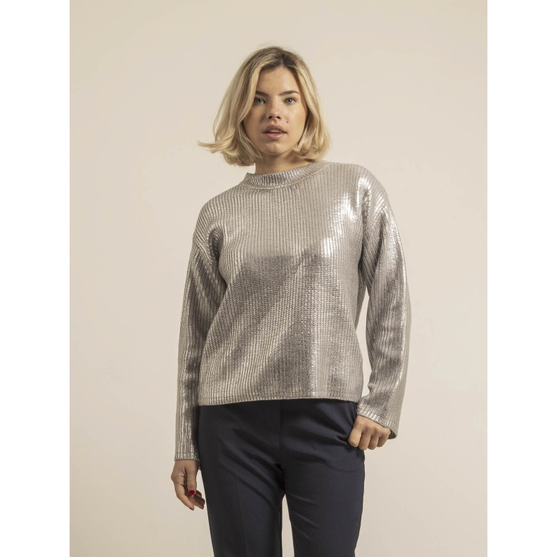 Pull En Maille Côtelée à Finition Métallisée - Col Rond, Manches Longues - Tendance Décontractée