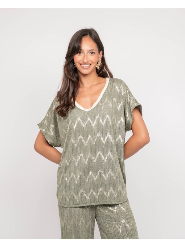 Top col v motifs FERIDE - Kaki