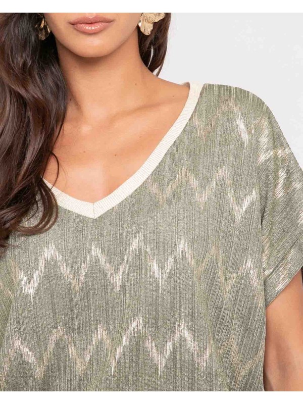 Top col v motifs FERIDE - Kaki